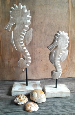 2er Shabby Seepferdchen Figur Aufsteller Sockel Mango Holz Maritime Deko 21/29cm - Bild 1 von 4