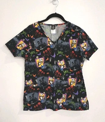 Disney Scrub Top Nightmare Before Christmas Sz XS Halloween Black Jack SS Shirt - Image 1 of 4