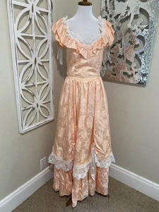 VINTAGE RARE PRECIOUS MOMENTS womens PEACH LACE COTTAGCORE PROM MAXI FULL DRESS - Picture 1 of 8