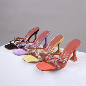 Womens Summer New Rhinestone Decor Square Toe Pull on Casual Slippers US 5-10 - Picture 1 of 28