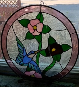 Stained Glass Hummingbird Vibrant Window Sun Catcher 13" Diameter - Picture 1 of 1