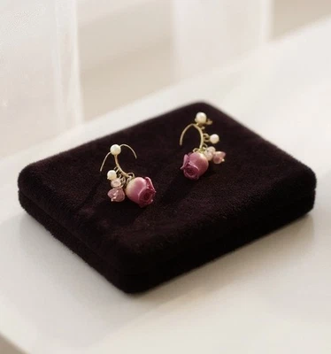 Anthropologie  Flower Earrings Rose Pearl Pink Gold Boho Wedding CZ VTG Antique - Image 1 of 4
