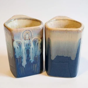 Padilla Set of (2) 4¼" Drip Glazed Blue/Beige Stoneware Mugs Unique Signed EUC - Picture 1 of 15