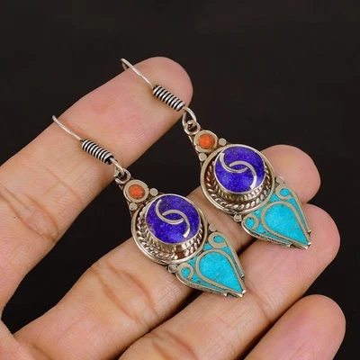 Orecchino nepalese tibetano argento sterling 925 corallo turchese... - Immagine 1 di 4