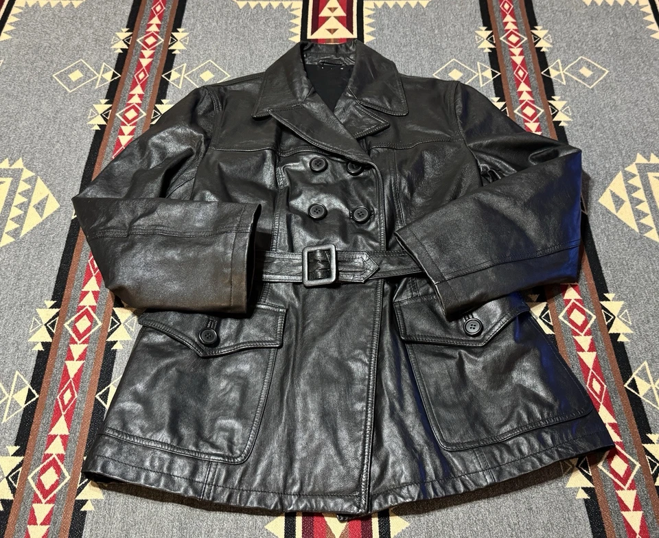 Chaqueta de cuero Enrico Mandelli para mujer 44IT con cinturón doble pecho HR Foto 1 de 4