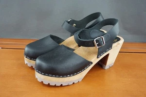 Mia Abba Damen 40 / 10 Schuh schwarz Leder Slingback schwedischer Clog Absatz Sandale - Bild 1 von 11