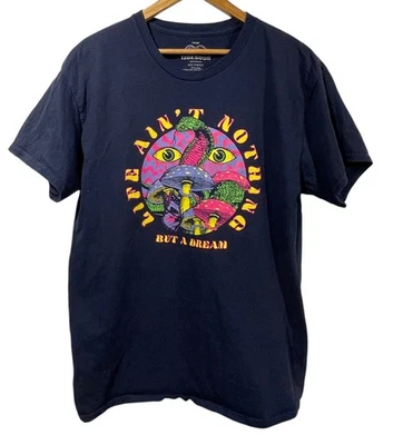 12oz Soda Mens L Navy Blue T-Shirt Life Aint Nothin But A Dream Mushroom Trippy - Image 1 of 4