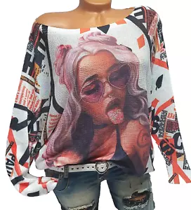 Damen Pullover Oversize Pulli Sweater Frühlingspulli Graffiti Druck 40 42 44 46 - Bild 1 von 5