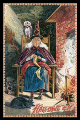 PÓSTER REPRO HALLOWEEN BRUJA SALEM GATO NEGRO BÚHO FUEGO CHIMENEA MIEDO VINTAGE Foto 1 de 3