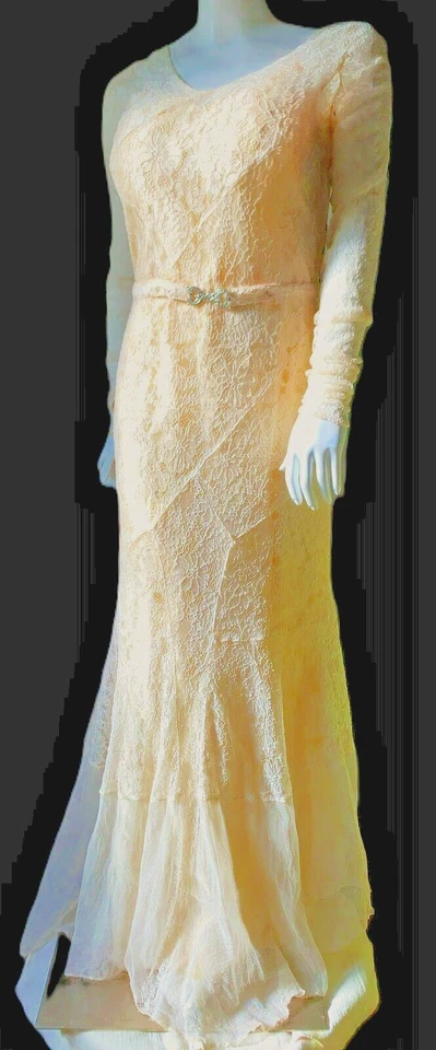 1920s ART DECO Antique Gown Dress Ivory Silk Lace Flapper Slim Mermaid B34" READ - Image 1 of 4