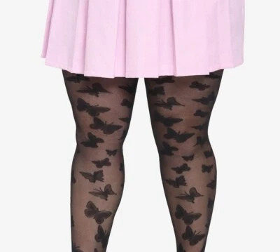 HOT TOPIC PLUS SIZE 1X/2X SHEER BLACK WOVEN FLOCKED BUTTERFLY TIGHTS NEW H2F - Image 1 of 3