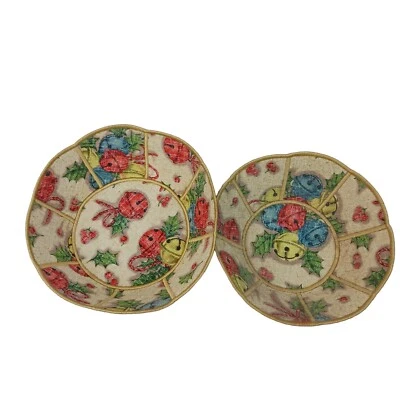 Juego de 2 cuencos redondos de Navidad coloridos hechos a mano textiles artesanales de tela de arte de colección Foto 1 de 4