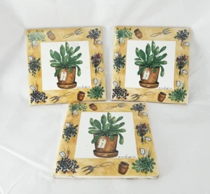 Alie kolh Herbs Plant Ceramic Tiles 4 3/8" sq. Made in USA Set of 3 - Picture 1 of 5