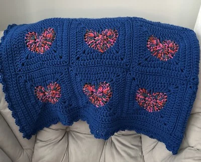 Crochet Afghan Blue Multicolor Heart Handmade Couch Lap Throw Blanket - Image 1 of 4