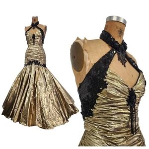 Vtg 80s Prom Dress XS Mermaid Gold Lame Halter Metallic Ruched Pageant Gown - Picture 1 of 19