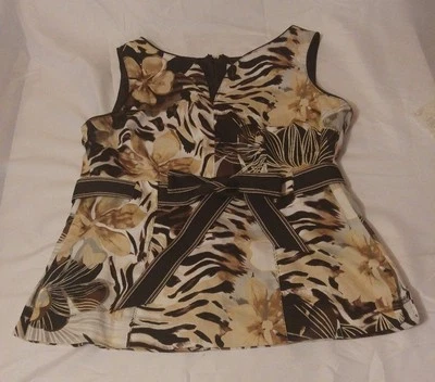 Top floral Studio I marrón negro tostado blanco con cinta cinturón cremallera trasera talla 10 Foto 1 de 4