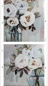 Wall Art Set of 2 Unframed CANVASES, BOUQUET OF WHITE ROSES in COOL COLORS - Picture 1 of 3