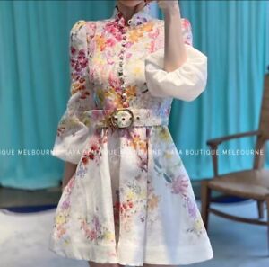 NWT $895 Zimmermann Natura Buttoned Floral  Mini Linen Dress AU2