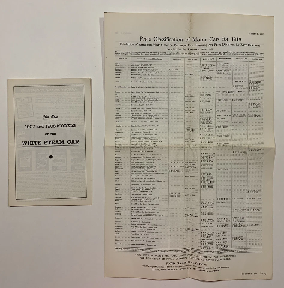 Vintage Brochures: REPRINT of 1908 White Steam Car + 1918 Motor Car Price List - Image 1 of 4