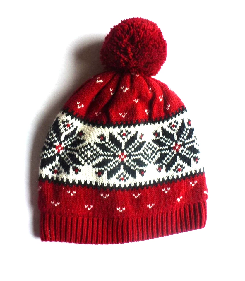 SZ 2T-3T  GAP Lodge Red Snowflake Lined Pom Pom Knit Hat - Image 1 of 1