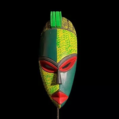Máscara Africana Tradicional De Ghana Hecha A Mano Máscara Verde Y Amarilla-7720 • 100.72€