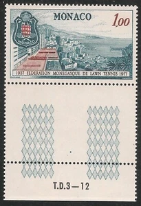 Mónaco #1091 (A316) En muy buen estado sin montar o nunca montado - 1977 vista de Mónaco y emblema de tenis - Imagen 1 de 1
