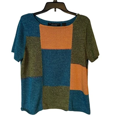 Womens Sweater Size Large Short Sleeve Colorblock Multicolor Squares Retro Crazy - Image 1 of 4