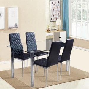 4pcs Black PVC Upholstered Grid Dining Chairs with Electroplated Metal Legs - Picture 1 of 8
