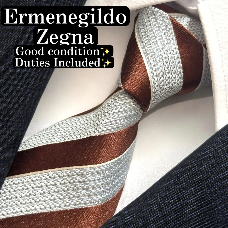 Corbata de seda Ermenegildo Zegna marrón × azul claro a rayas jacquard 9,0 cm buena Foto 1 de 4