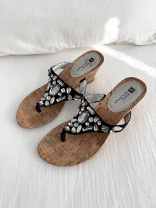 White Mountain Jeweled Leather Wedge Thong Sandals - Size 7 - Picture 1 of 7