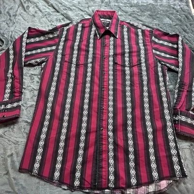 Vintage Frontier Series Western Shirt L Red Black Aztec Stripe Snap Front Rodeo - Image 1 of 4