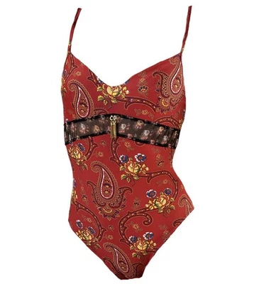 Christian Dior Rare Swimsuit Paisley Flowers CD Logo Golden Neckline FR90 - Image 1 of 4