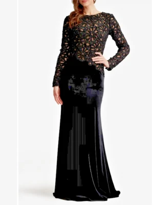 Vestido de veludo Tadashi Shoji lantejoulas renda corpete tamanho 12 $478 C*1515 - Imagem 1 de 4