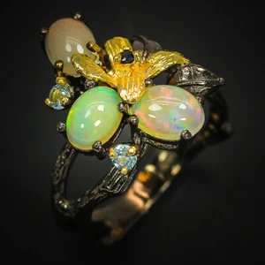 925 sterling silver  Natural Opal 925 handmade black rhodium blue topaz / RVS299 - Picture 1 of 7