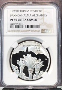 1995 HUNGARY SILVER 1000 FORINT PANNONHALMA NGC PF 69 ULTRA CAMEO TOP POP 1 - Picture 1 of 3