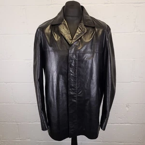 Vintage Hugo Boss Leather Jacket 42R Mens Large Black Blazer Shiny Grent Retro - Picture 1 of 21