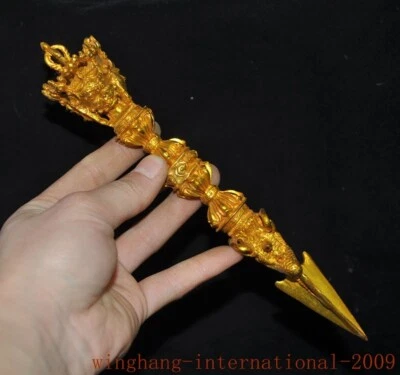 8.2" Budismo Tibetano Bronce Dorado Vajra Phurpa Daga Equipo Faqi Foto 1 de 4
