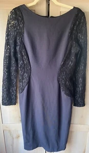 Vera Wang Black Blue Lace Sleeve Illusion Shift Dress Size 6 Exposed Zip back - Picture 1 of 11