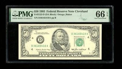 DBR 1985 $50 FRN Cleveland Fr. 2122-D Gem PMG 66 EPQ Serial D36165410A - Image 1 of 2