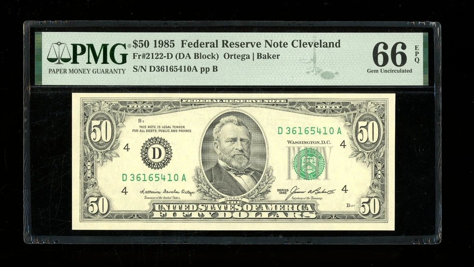 DBR 1985 $50 FRN Cleveland Fr. 2122-D Gem PMG 66 EPQ Serial D36165410A - Image 1 of 2