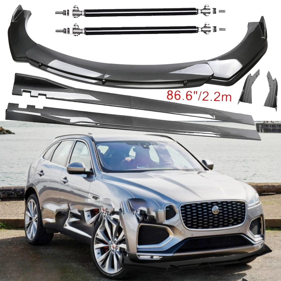 For Jaguar F-pace Carbon Fiber Front Bumper Lip Spoiler 86.6" Side Skirt Kit Foto 1 de 4