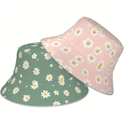 Daisy Pattern Reversible Olive Green/ Pink Festival Bucket Hat Summer Su Beach - Image 1 of 4