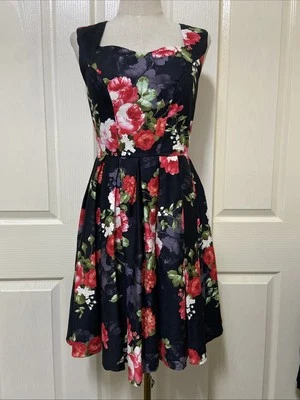CAROLINE MORGAN Black Floral Cotton Shirred Back Fit & Flare Dress ~ Size 10 - image 1 of 4