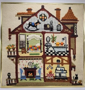 Vintage Completed Framed Needlepoint Embroidery 1890s Dollhouse by Sunset 16x16" - Picture 1 of 14