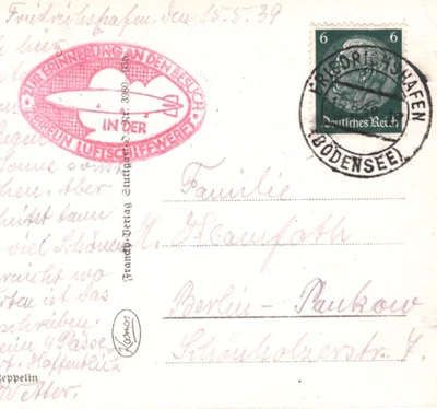 GERMANY 1939 Postcard Red *DEN BESUCH ZEPPELIN LUFTSCHIFFWERET* Cachet KZ304 - Image 1 of 4