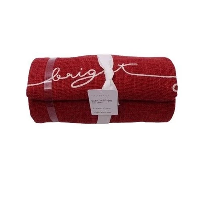 NEW Pottery Barn Red Christmas Holiday Sentiment Organic Cotton Table Throw - Image 1 of 4