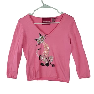 Vintage Michael Simon Sweater Women Size S Rare Beaded Sequin Cat V Neck Pink - Picture 1 of 12