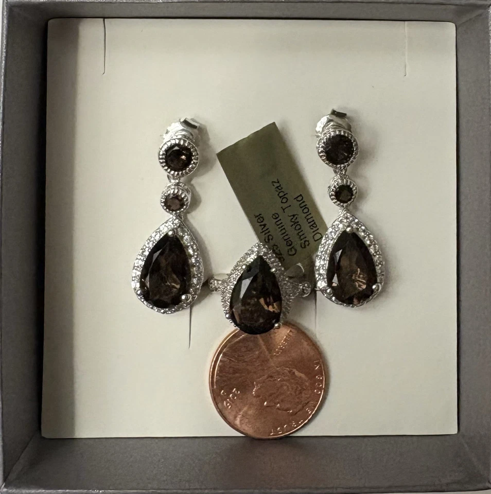 SS925 Pendientes Poste Topacio Blanco Cuarto Ahumado + Anillo Diamante Topacio Ahumado SS 925 Foto 1 de 3