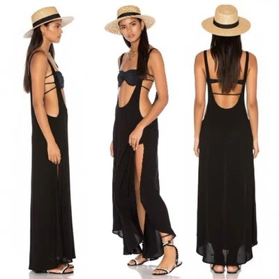 全新 INDAH x REVOLVE 黑色 GUS SUSPENDER MAXI 连衣裙 开衩 海滩覆盖 小号 S — 第 1/4 张图片