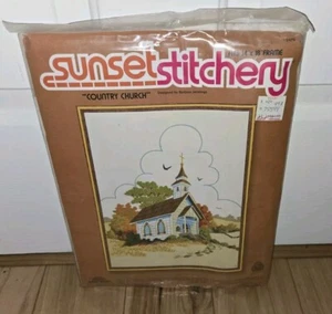 NEW Vtg. Sealed 1980 Sunset Stitchery Crewel Embroidery Kit Country Church - Picture 1 of 5
